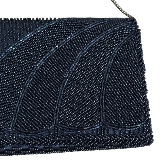 Vintage 1950s Black Beaded Evening Bag Gold Chain Strap, Art Deco Clutch Purse - Picture 2 of 14